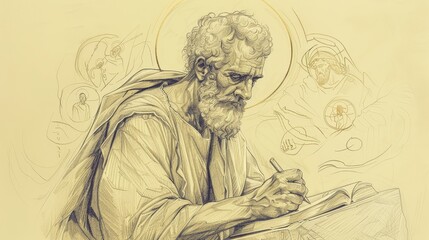 Paul Writing Book of Revelation on Island of Patmos, Symbolic Vision, Biblical Illustration, Beige Background, Copyspace