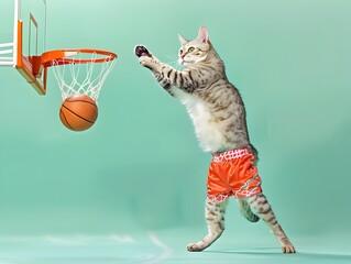 Exotic Shorthair Cat Playing Basketball in a Mint Green Solid Background