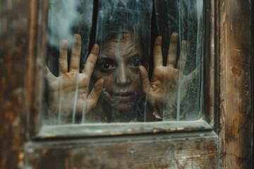 Horror girl behind the window, Halloween concept.