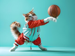 Munchkin Cat Dressed in Sports Attire Playing Basketball on a Turquoise Backdrop