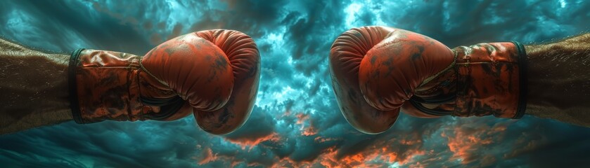 Two opposing boxing gloves poised for a fight under dramatic, stormy skies, representing competition, conflict, and determination.