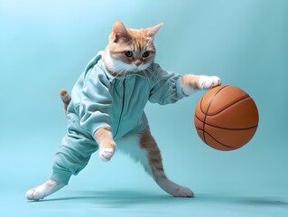Scottish Fold Cat Playing Basketball in Sports Clothes on Mint Background