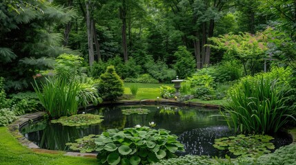 Obraz premium A garden pond enclosed by greenery