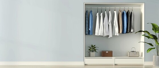 Modern minimalist wardrobe with neatly arranged clothing, potted plants, and a handbag, set against a light blue wall, and wooden floor.