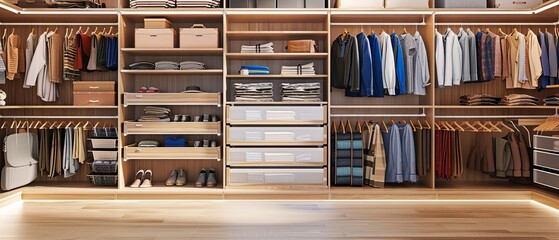 Modern walk-in closet with neatly organized shelves and hanging clothes. Perfect for fashion enthusiasts and home organization inspiration.