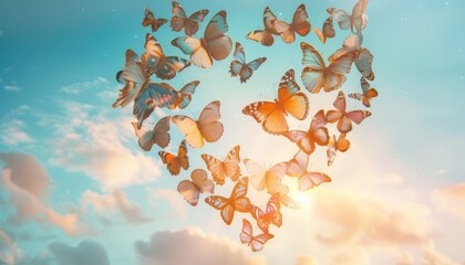 Heart-shaped butterfly formation in a serene sky with sunlight shining through. Perfect for themes of love, nature, and tranquility.