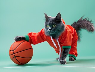 Russian Blue Cat Playing Basketball in Stylish Sports Clothes against a Mint Backdrop