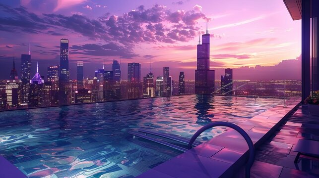 Stunning rooftop pool with city skyline during a breathtaking sunset, capturing the essence of luxury living in an urban environment.