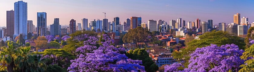 Panoramic view of a vibrant city skyline with blooming purple jacaranda trees in the foreground during sunset.