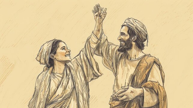 'Talitha Koum', Jesus Raising Jairus' Daughter, Parents' Joy, Biblical Illustration, Beige Background, Copyspace