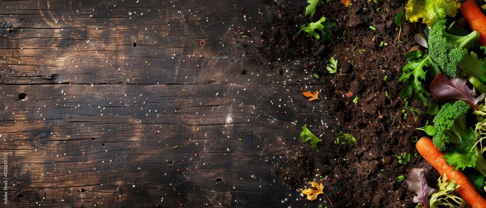 Wall mural fresh organic vegetables on a rustic wooden table with soil and leafy greens. perfect for farm-to-ta