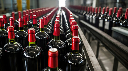 A series of bottles of red wine bottles in a factory with closeup view and leading lines on the alcoholic drink bottle, wine making factory
