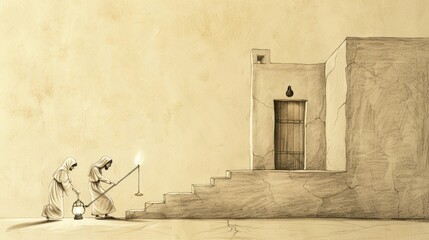 Lost Coin Parable, Woman Lighting Lamp, Sweeping House, Biblical Illustration, Beige Background, Copyspace