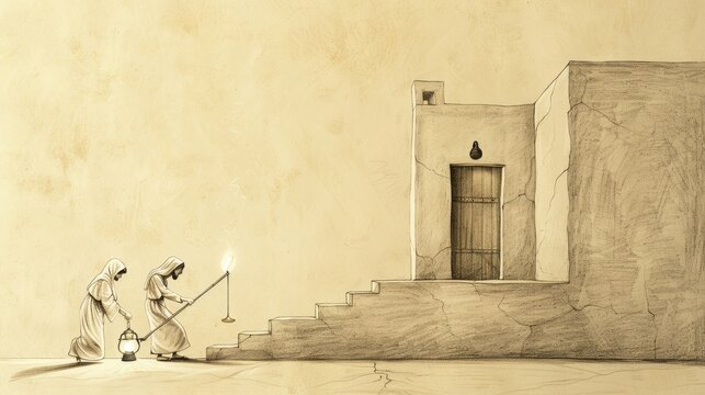 Lost Coin Parable, Woman Lighting Lamp, Sweeping House, Biblical Illustration, Beige Background, Copyspace