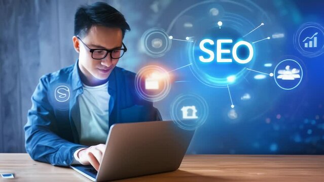 A man working on SEO optimization at a laptop, surrounded by digital icons and graphs. The image conveys themes of digital marketing, technology, and business strategy. 