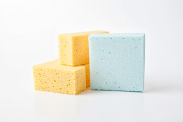 Yellow and Blue Sponges on White Background