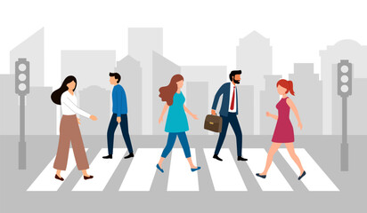 People walking across crosswalk on city street in flat design. Pedestrian crossing road with buildings on background. © Orapun