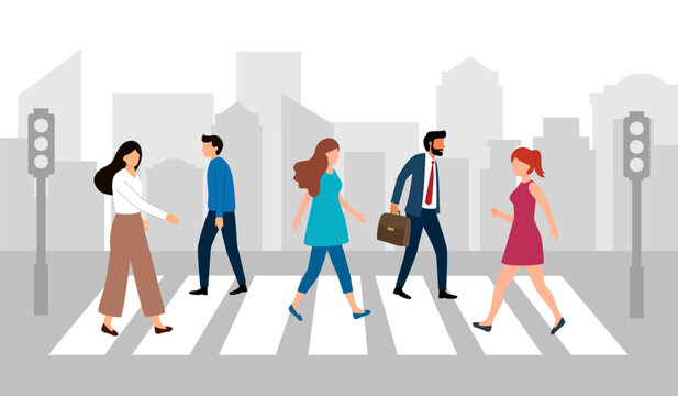 People walking across crosswalk on city street in flat design. Pedestrian crossing road with buildings on background.