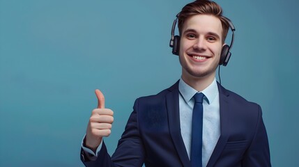 Confident Young Professional in Suit Providing Helpful Customer Service with Headset