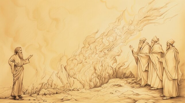 Elijah Confronts Baal Prophets, Fire from Heaven, Biblical Illustration, Beige Background, Copyspace