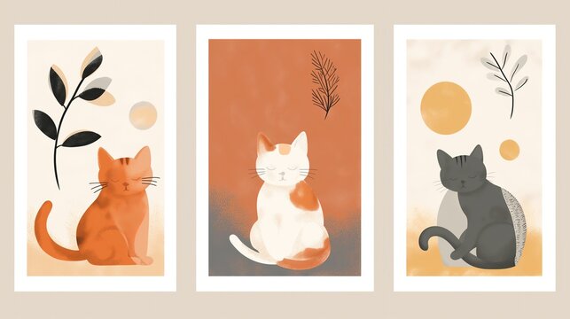 three joyful cat wall art boho style, three wall art frame with boho abstract art illustration collection set, home decor minimal mock up idea