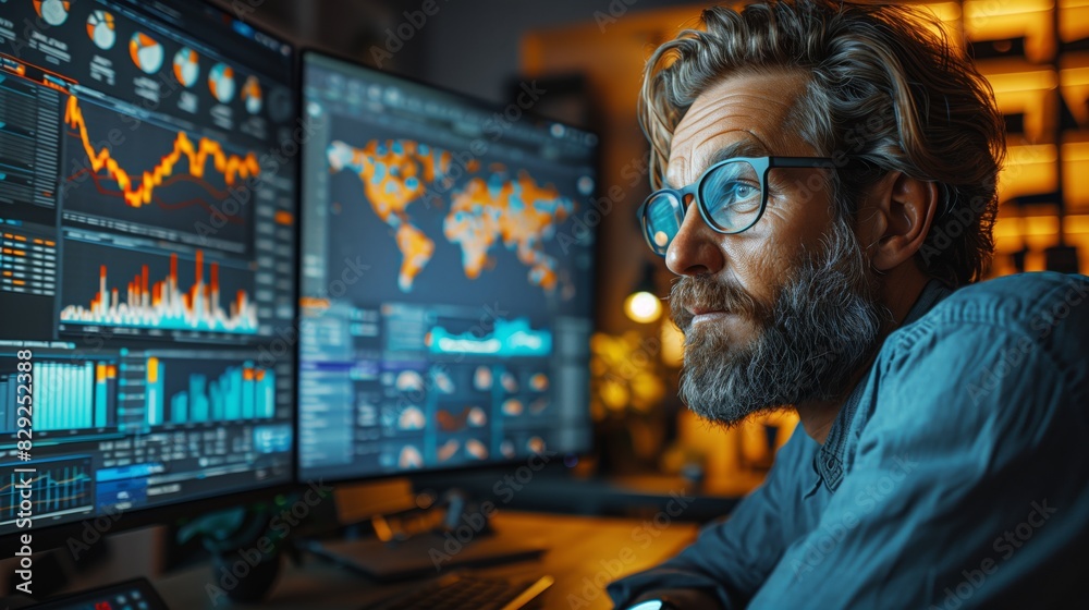 Poster man analyzing financial data on monitors. man with glasses analyzes financial data and charts displa