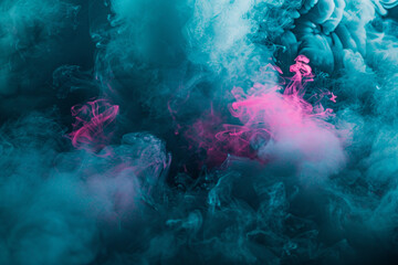 Dramatic event backdrop featuring dark teal smoke with striking neon magenta accents.