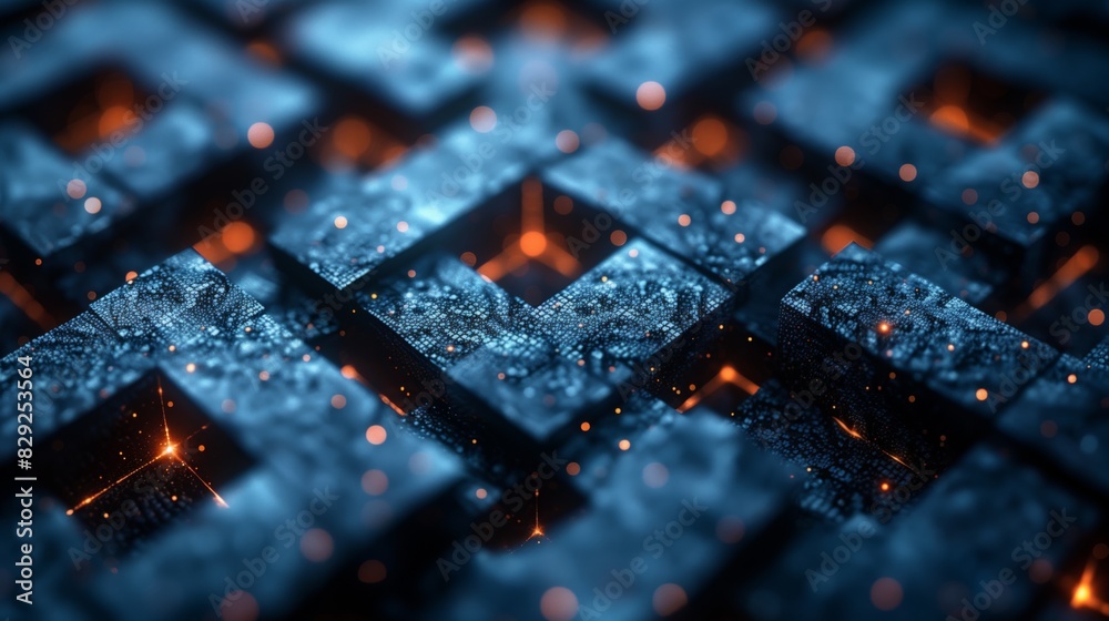 Poster Futuristic Geometric Grid Pattern. Futuristic abstract background showcasing a geometric grid pattern with glowing elements, creating a high-tech and intricate design.