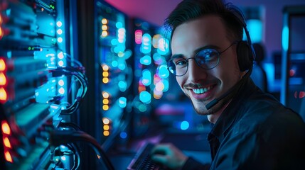 Enthusiastic Young Network Administrator Working Diligently in Data Center