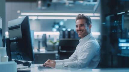 A young handsome successful man is sitting at a table in front of a computer monitor. He's smiling...