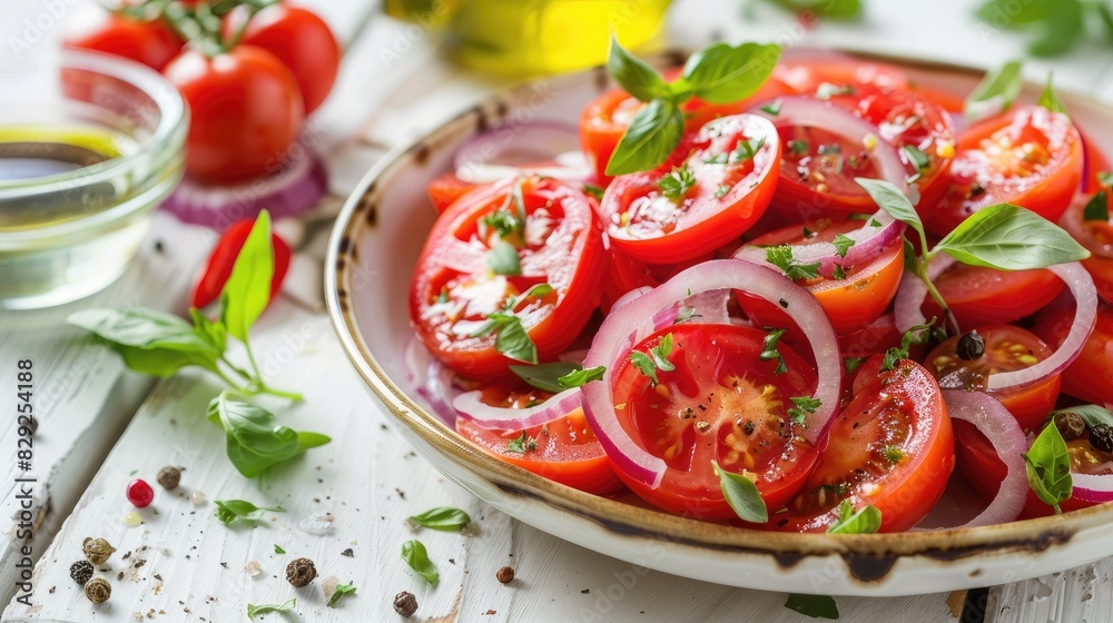 Wall mural refreshing summer tomato salad with onions herbs and olive oil on a white wooden table