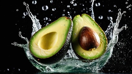 The Luminous Schism of Avocado Halves in a Dramatic Water Droplet Tableau