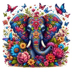An elephant adorned with vibrant flowers and fluttering butterflies, set against a backdrop of blooming floral patterns.