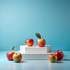 Product Presentation Stage: White Podium with Apples against a Tranquil Blue Background