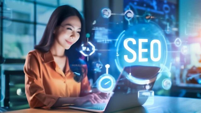 A woman working on SEO optimization at a laptop, surrounded by digital icons and graphs. The image conveys themes of digital marketing, technology, and business strategy. 