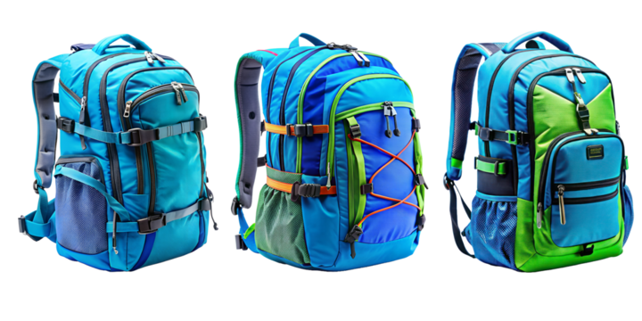 Set of fabric backpack with many zips and pockets.White or transparent background. Ideal for the beginning of the school year. Backpack for adventure sports in bright colours