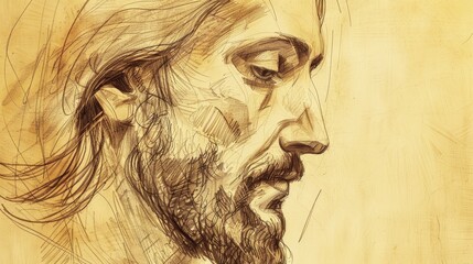 Fototapeta premium Jesus's Face with Compassionate Expression, Biblical Illustration of Love and Kindness, Ideal for Devotional Use
