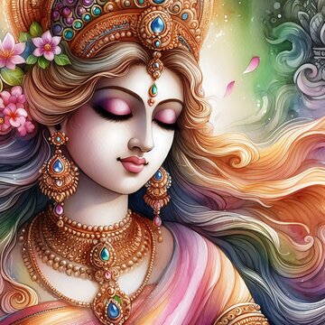 Watercolor Close-Up Painting of Goddess Lakshmi's Serene Expression