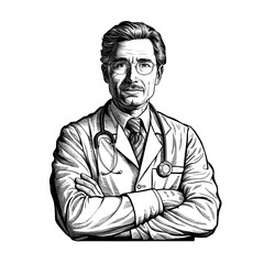 Doctor monochrome ink sketch vector drawing, engraving style illustration