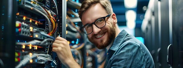 Happy Network Administrator Working Diligently in Computer Server Room