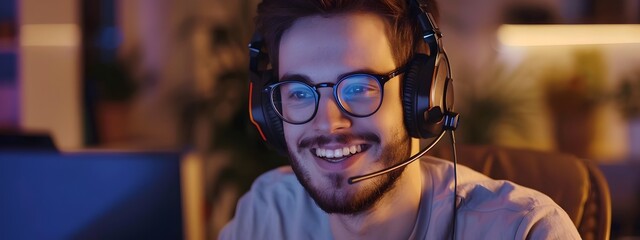 Happy Technical Support Representative Smiling and Assisting Customers with Headphones and Computer
