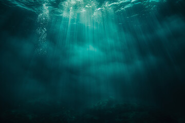 Fototapeta premium Tranquil teal blurred backdrop suitable for underwater research presentations.
