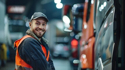 Joyful Automotive or Equipment Maintenance Worker Smiling at the in Front of a Van or Truck on a Dimly Lit Urban Street at Night