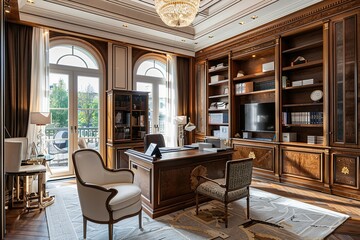 Elegant home office in Neoclassical style with modern amenities and natural light