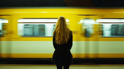 Blonde woman stands in front of yellow train,loneliness and sadness atmosphere,grey mood.
