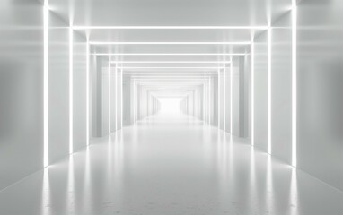 Obraz premium White scene with long corridor and glowing neon lines,minimalist interior design background.