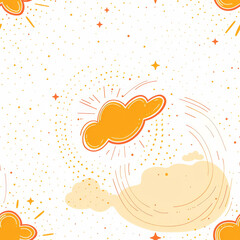 A seamless pop art illustration of a cheerful sun, bright yellow and orange colors, simple shapes, aerial view, centered on a plain white background. Background features small star and cloud icons.