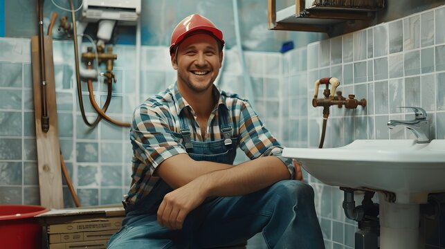 Skilled Plumber Smiling Confidently While Performing Home Repair Work in Bathroom