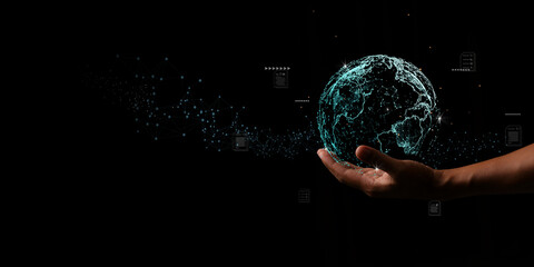 Hand holding Global network connection to big data around the world.a nd tecnology internet metaverse concept.