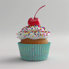 A 3D fluffy soft pop-style cupcake, vibrant colors, with sprinkles and a cherry on top, placed on a plain white background. The background is minimalistic to keep focus on the cupcake. Soft, diffuse